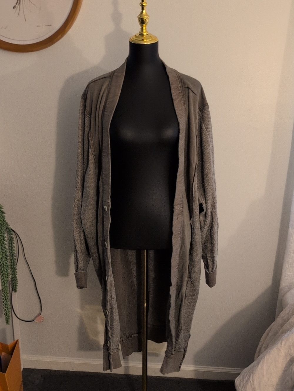 Free People Long Open-Front Cardigan in Taupe Gray